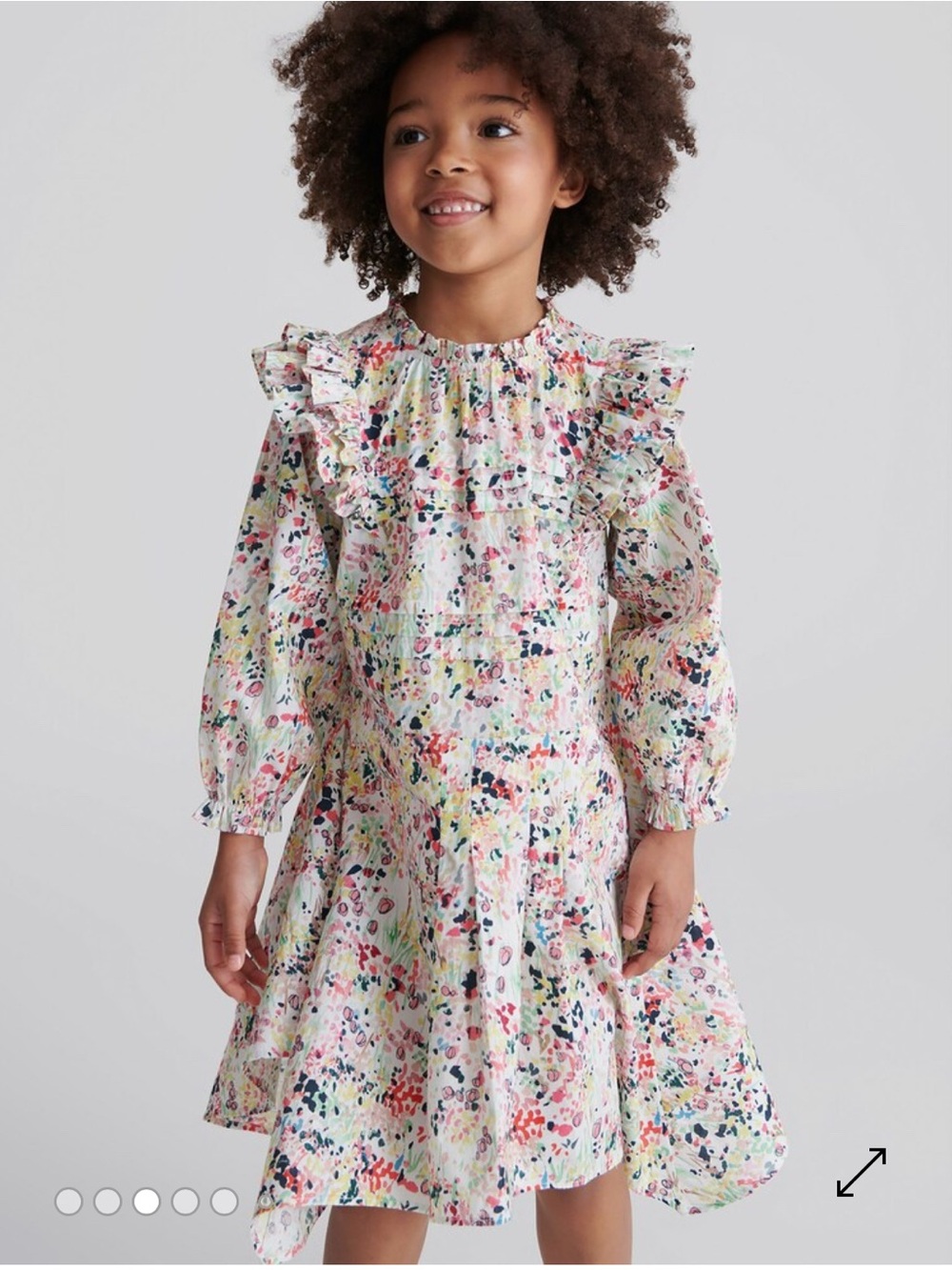 Reiss White Multi Floral Ruffle Long-Sleeve Dress